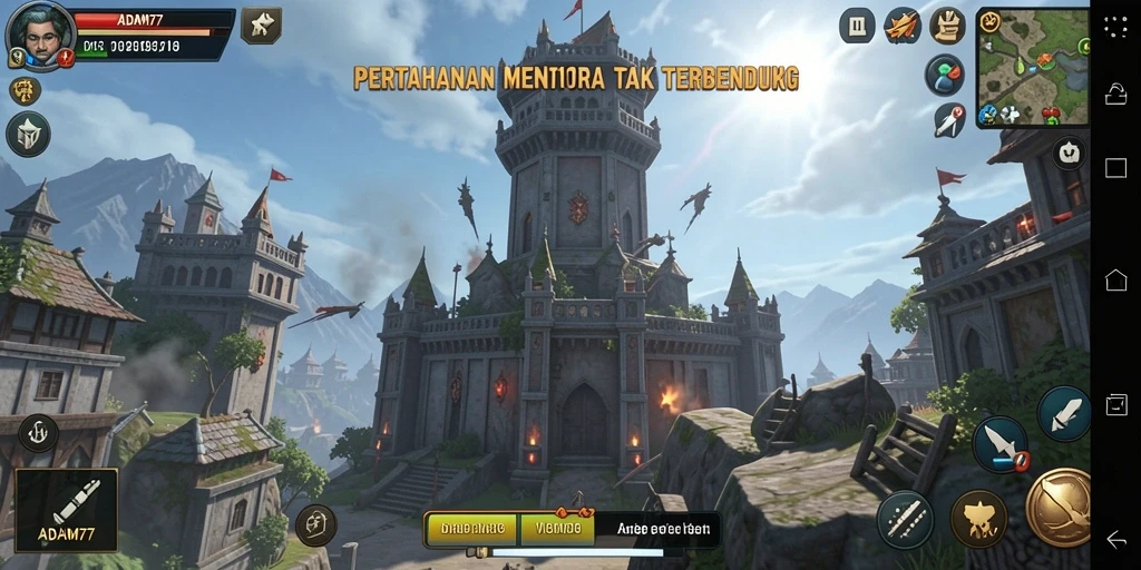 Screenshot gameplay ADAM77 yang menunjukkan pertempuran intens Tower Defense.