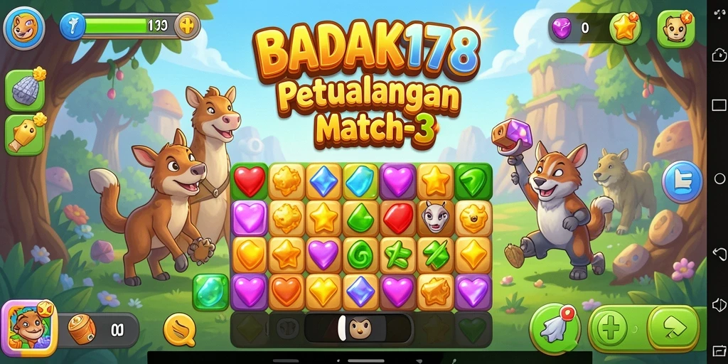 Screenshot gameplay BADAK178 menampilkan kombinasi permata berwarna-warni.