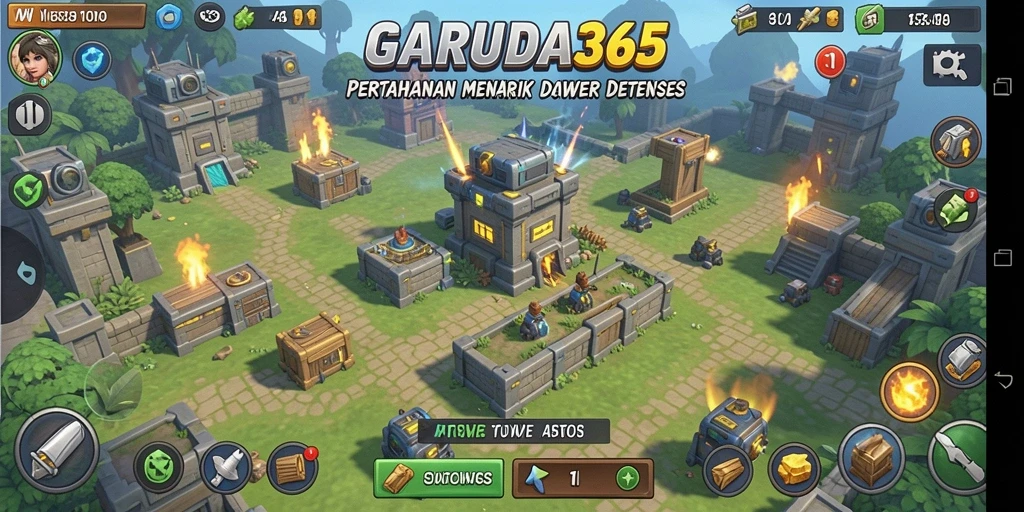 Screenshot GARUDA365 menampilkan serangan tower melawan gelombang musuh.