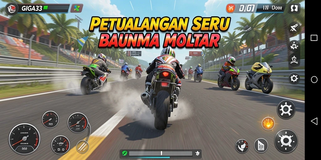 Gameplay GIGA33 menampilkan balapan motor yang seru dan realistis.