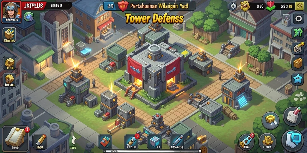 Screenshot menunjukkan aksion mendebarkan dalam game Tower Defense JKTPLUS.