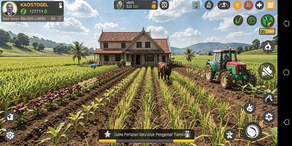 Screenshot gameplay KAOSTOGEL menampilkan pemandangan lahan pertanian yang subur.