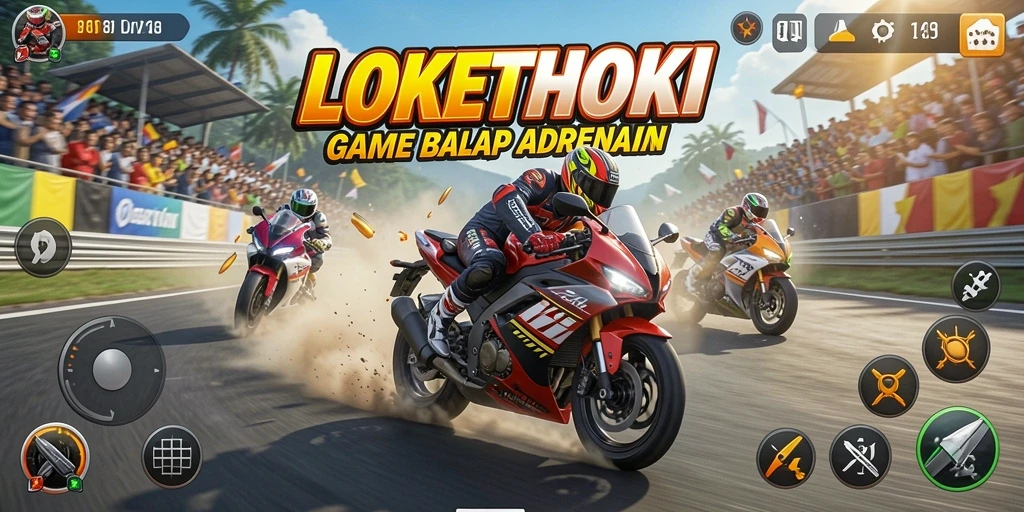 Screenshot dari gameplay balapan motor yang mendebarkan di LOKETHOKI.