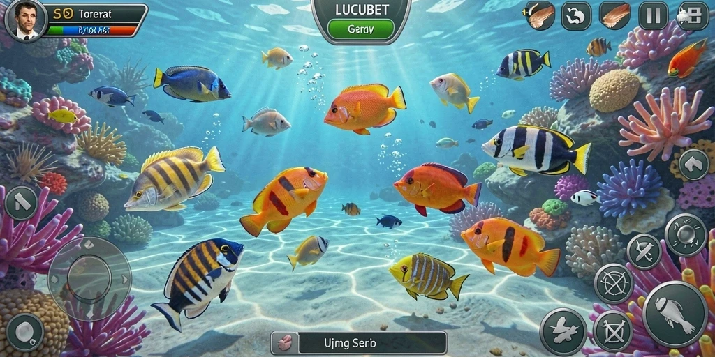 Screenshot LUCUBET menunjukkan aksi seru menembak ikan di lautan.