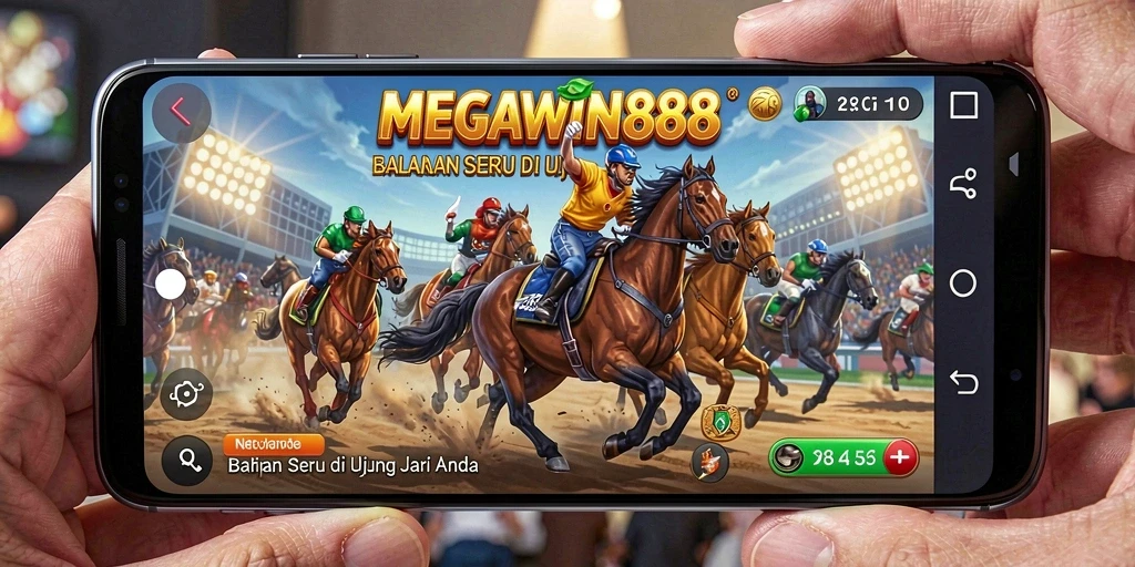 Tangkapan layar MEGAWIN888 menampilkan balapan mendebarkan di jalanan ramai.