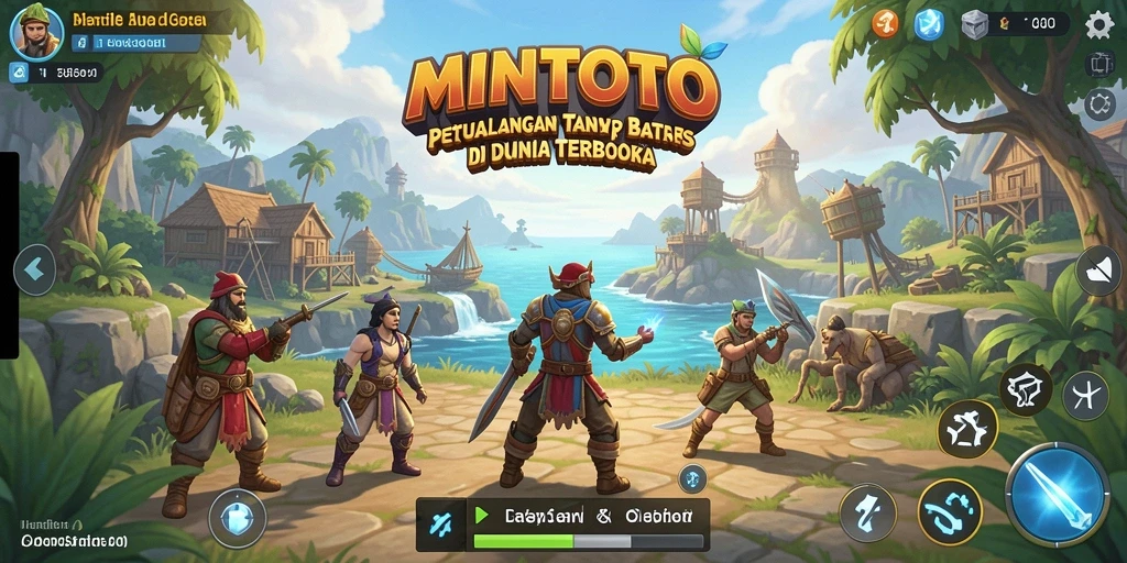 Screenshot gameplay MINTOTO menampilkan eksplorasi dunia yang luas dan penuh warna.