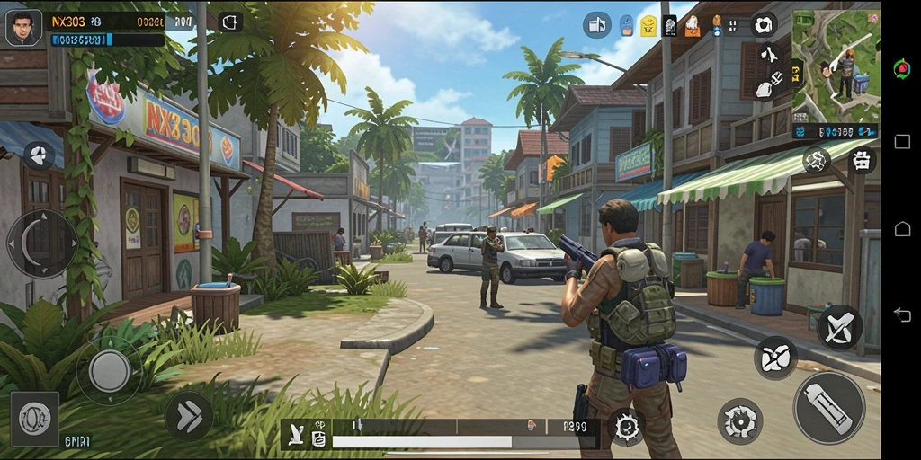 Screenshot gameplay NX303 menampilkan desain lingkungan yang kreatif dan interaksi karakter.