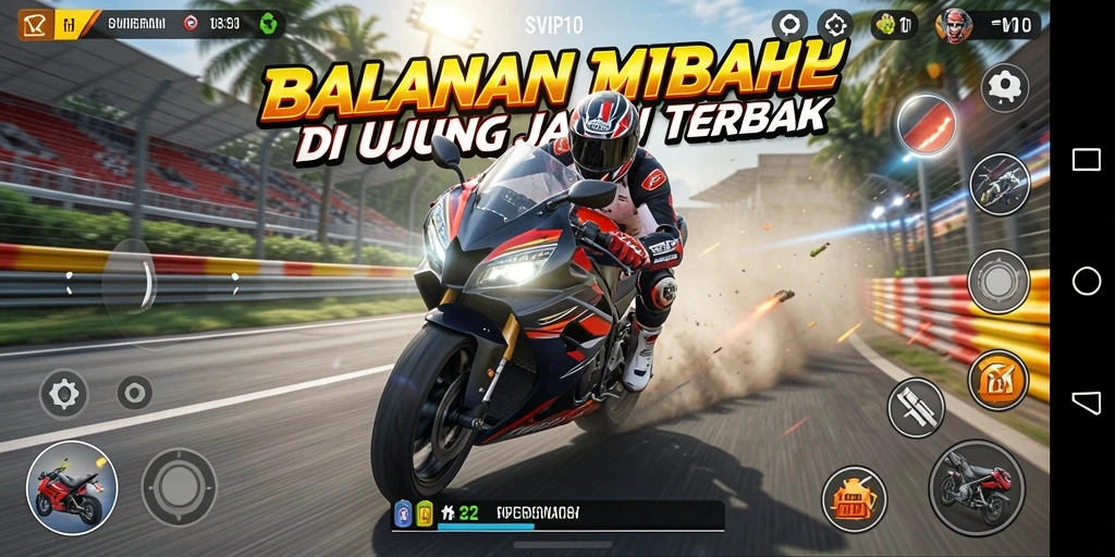 Screenshot gameplay SVIP10 dengan aksi balapan motor yang mendebarkan.