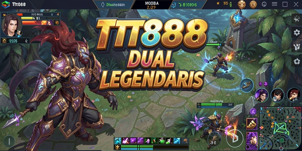 Screenshot utama TTT888 menampilkan aksi pertempuran seru di arena MOBA.